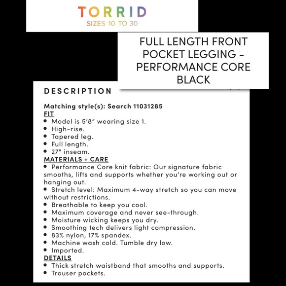 Torrid Black Full length Active Performance Core Legging With Trouser Pockets 3X - Picture 14 of 14